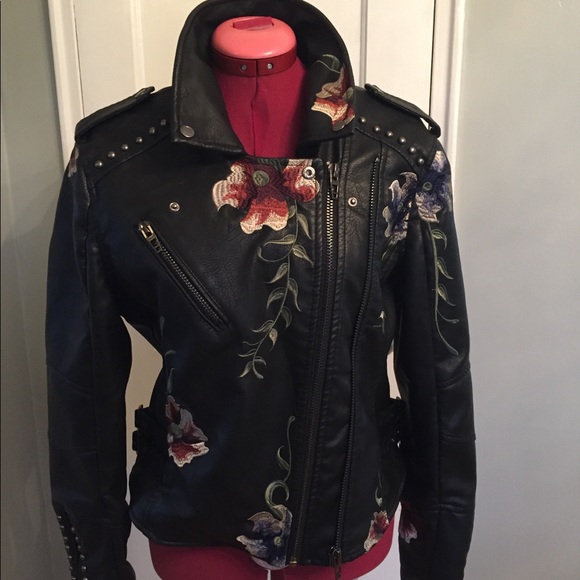 Blank NYC Jackets & Blazers - Floral Studded Faux Leather Motorcycle Jacket